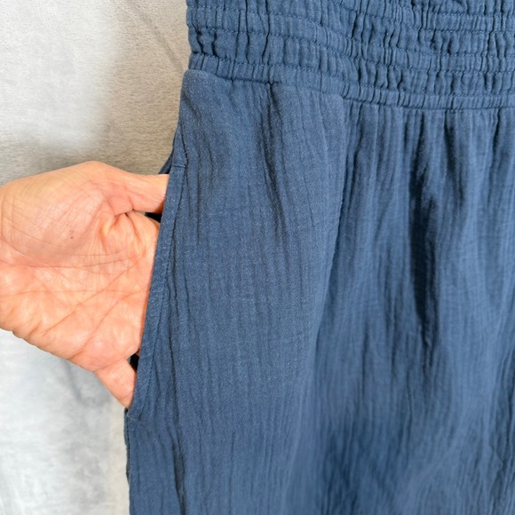 Pact Organic Cotton Double Gauze Smocked Midi Dress L Blue Short Sleeve Large L - Picture 9 of 12